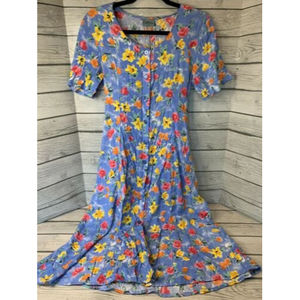 Deville Dress Size S Vintage Maxi Floral Dress Blue Short Sleeve Button Front